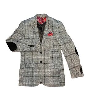 Elie Balleh Italy Gray Tweed Plaid Blazer Boys Teen XL 18/20 Elbow Patches